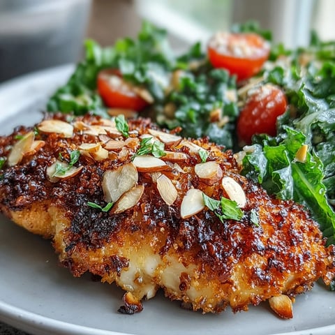 Golden almond-crusted chicken breasts served warm alongside a marinated kale and sumac salad with cherry tomatoes.