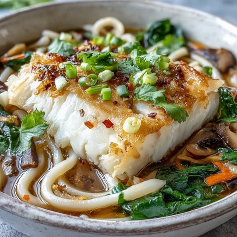 Steaming bowls of Poached Cod With Spiced Coconut Broth and Udon Noodles topped with fresh herbs.
