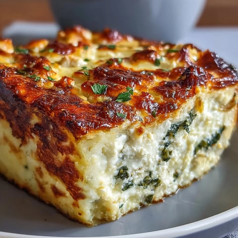Freshly baked High Protein Spinach Artichoke Bake with golden cheese crust and steam rising.