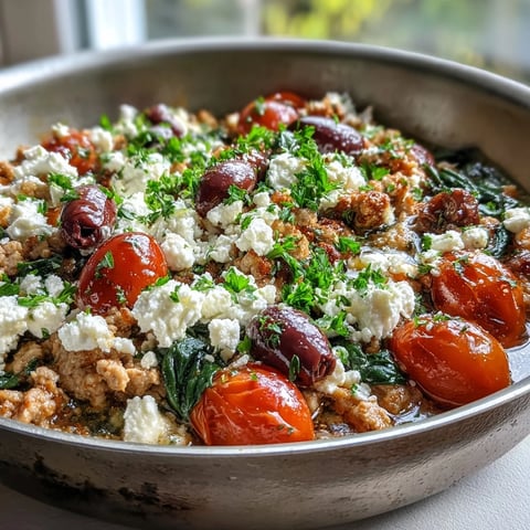Fork-tender Mediterranean Keto Ground Chicken Skillet with Olives and Feta served bubbling hot.