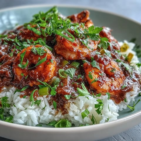 Steaming Classic New Orleans Étouffée with shrimp in a rich, dark roux served over fluffy white rice.