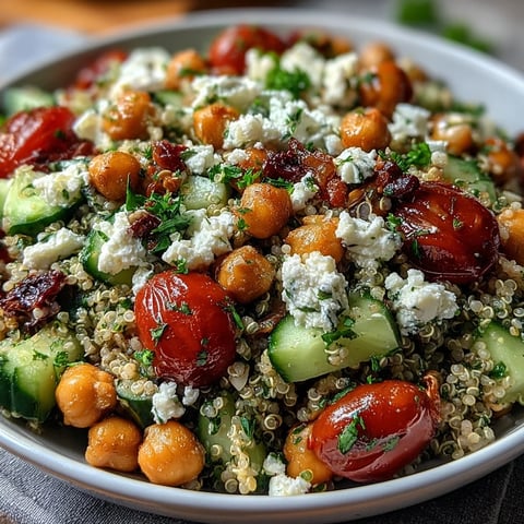 Freshly cooked quinoa and chickpeas tossed with diced cucumber, cherry tomatoes, and crumbled feta cheese in a bright bowl.