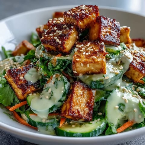 Bright, plated Creamy Asian Cucumber Salad with Crispy Tofu, featuring golden tofu cubes, sliced cucumbers, and carrots drizzled in sesame-ginger dressing.