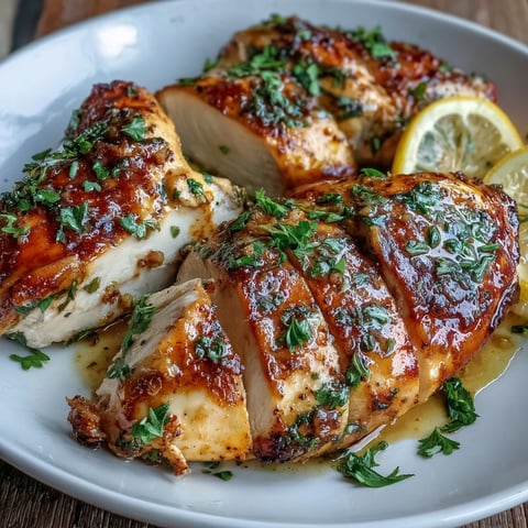 Golden-brown oven baked chicken breast fresh from the oven, resting on a baking sheet with lemon slices and fresh parsley garnish.