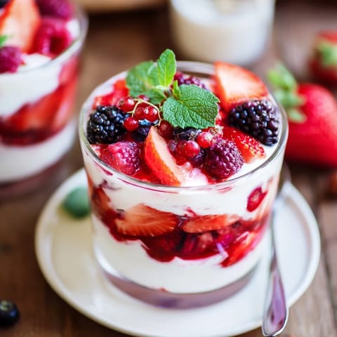 Fresh berries and fluffy whipped cream create a delightful berry parfait, ideal for a light treat.