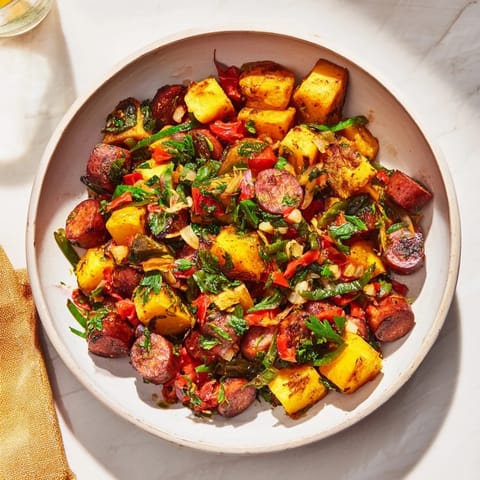 A close-up view of the hearty Rustic Flint-Style Skillet Plate, showcasing the kielbasa and tender cabbage.