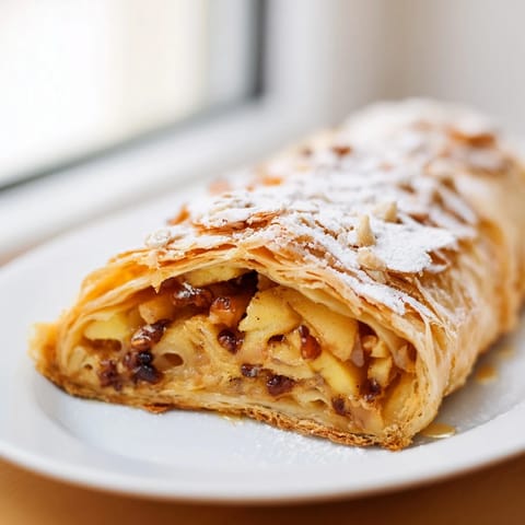 Golden-brown apple strudel, freshly baked, offers a delightful contrast of textures and flavors.