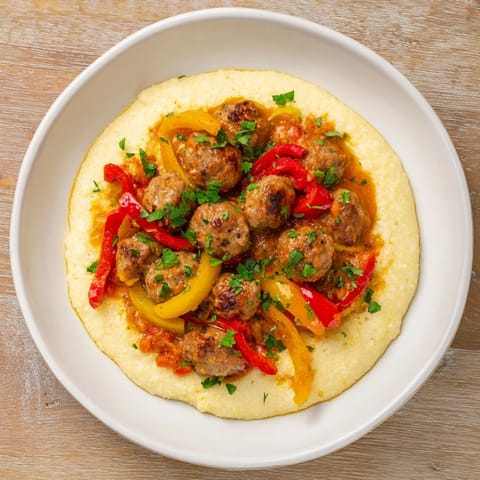 Vibrant colors of sausage and peppers mingle in the skillet, ready to serve over the creamy polenta.