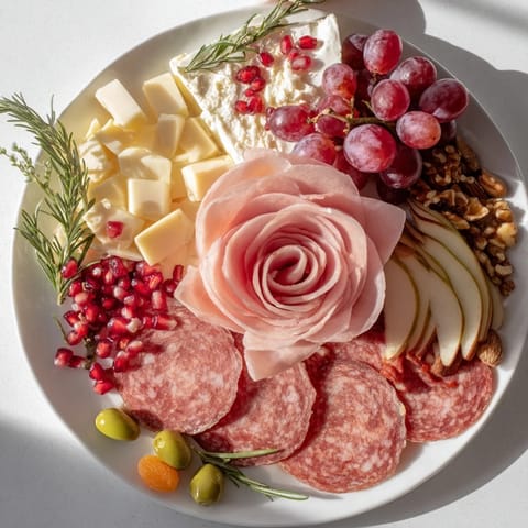 Festive holiday charcuterie features a stunning arrangement of salami, prosciutto, and capicola meat roses.