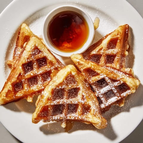 Crispy waffle quarters served with warm maple syrup, showcasing a delightful breakfast spread.