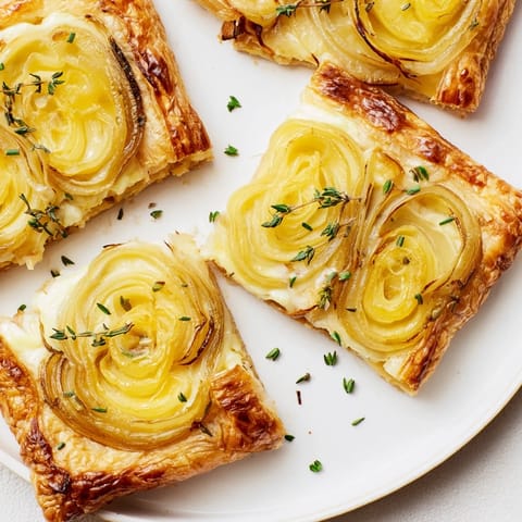 A close-up view of the savory Caramelized Onion Tart, ready to serve as an appetizer.