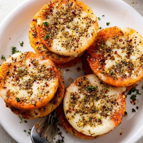 Four savory Crispy Rice Cake Cheese Stacks on a plate, garnished with fresh parsley and ready to enjoy.