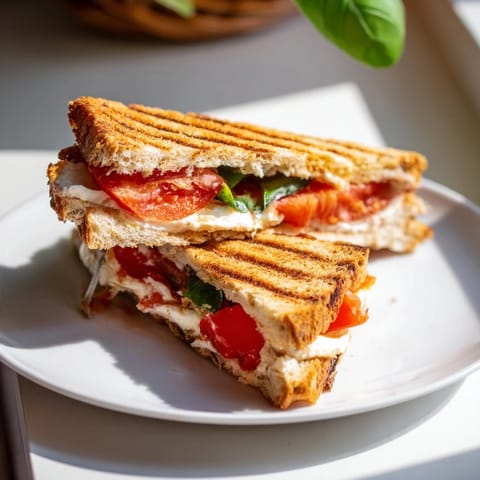 Grilled Panini Press Innovations turkey panini with cranberry sauce, Swiss cheese, and spinach leaves on multigrain bread.  