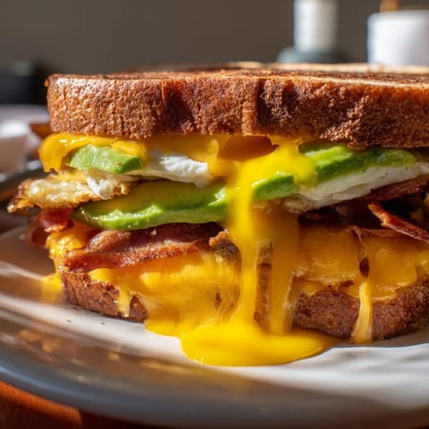 A hearty Loaded Breakfast Sandwich on toasted brioche, layered with avocado, bacon, and melty cheese, served beside a fresh cup of coffee.