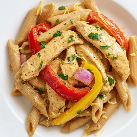 A close-up of Creamy Cajun Chicken Pasta Lite, featuring juicy chicken strips, colorful bell peppers, and al dente penne ready to serve.