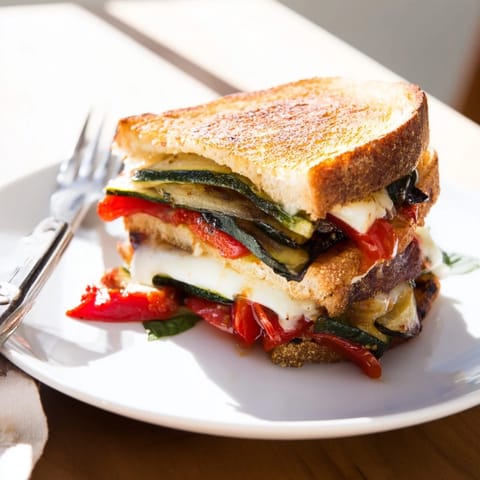 A close-up of Roasted Veggie Caprese Grilled Cheese with juicy tomatoes, basil, and balsamic drizzle.
