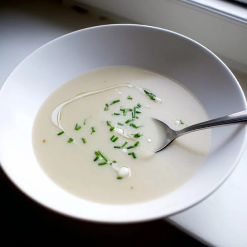 Creamy celery root bisque is shown in a white bowl, garnished with fresh chives and a swirl of cream.