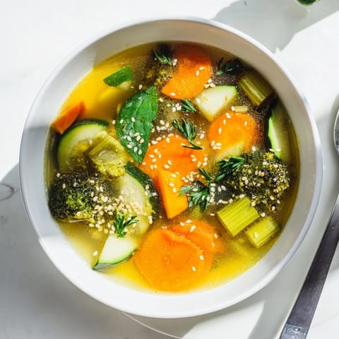 Close-up view of the nourishing Collagen-Boosting Broth Bowl, showcasing vibrant turmeric broth and tender vegetables for a healthy meal.