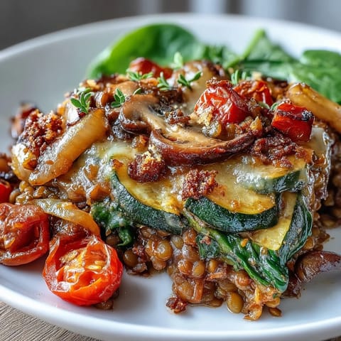 Golden-brown Green Lentil and Vegetable Casserole fresh from the oven, topped with melted Parmesan and fresh herbs.