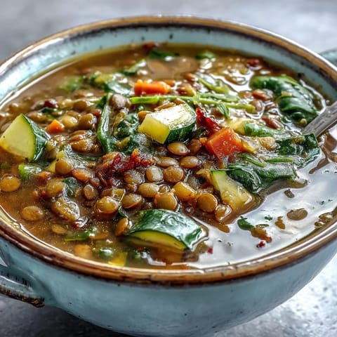 Hearty lentil soup simmering in a large pot with steam rising and chopped vegetables nearby.