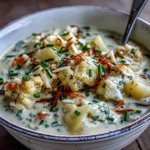 Ladle of rich Vegetarian Cauliflower Chowder with tender potatoes and carrots, steam rising, paired with crusty bread on the side.