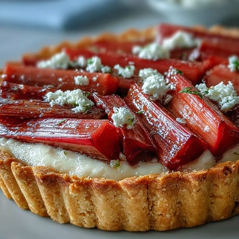 Golden roasted rhubarb pieces fan out over the smooth white chocolate and elderflower custard filling in this tart.  
