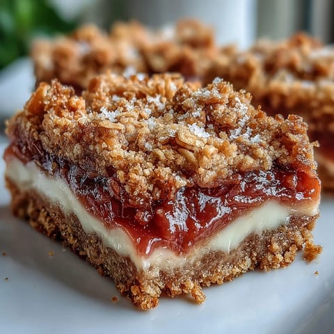 Cut bars reveal layers of tangy rhubarb, creamy vanilla custard, and buttery crumble, perfect for spring dessert gatherings.