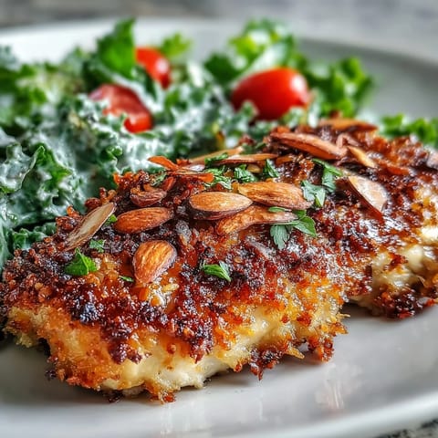 A plated serving of almond-crusted chicken with fresh kale, sumac, and slivered almonds.