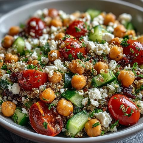 A close-up of High Protein Quinoa & Chickpea Salad showing vibrant parsley and a drizzle of olive oil and lemon dressing.