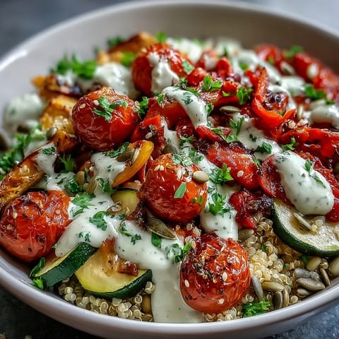 A close-up of the vibrant Vegetable and Legume Bowl with roasted vegetables, chickpeas, and fresh avocado slices on a bed of quinoa.