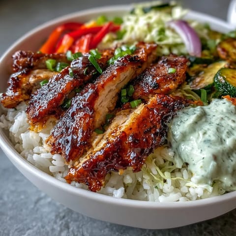 BBQ Chicken Bowl loaded with tender chicken, roasted peppers, zucchini, and broccoli over steamed rice with tangy slaw.