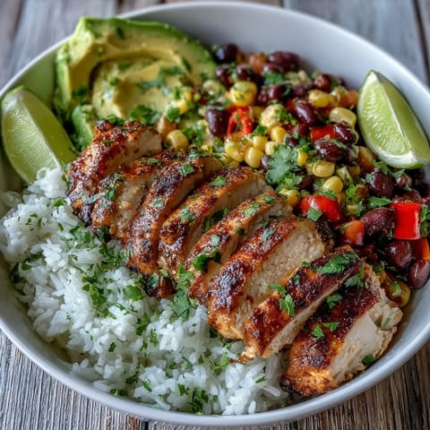 Golden Cajun chicken slices sit atop a colorful bowl of rice, beans, corn, and fresh cilantro garnish.