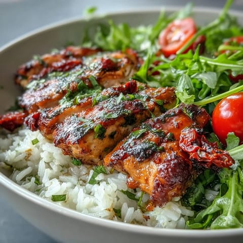 A Mediterranean-inspired Sun-Dried Tomato Chicken Bowl with juicy herb-marinated chicken, fresh salad, and a drizzle of sun-dried tomato oil on fluffy rice.