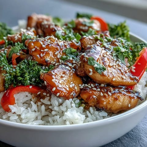 Tender chicken pieces simmered in garlic-honey glaze, served in a bowl with colorful vegetables.