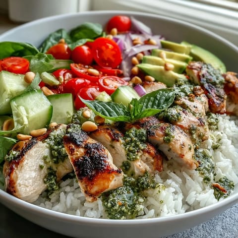 Fresh basil garnishes a colorful pesto chicken bowl filled with tender meat, spinach, and crunchy pine nuts.