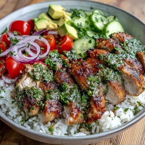 Drizzled zesty chimichurri sauce brightens this colorful Latin American-inspired chicken bowl.