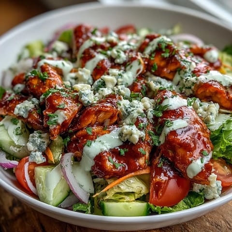 A close-up of a Buffalo Chicken Bowl with tender sauced chicken, crisp romaine, and a drizzle of ranch.