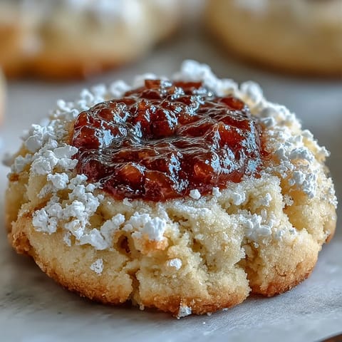 Golden-baked Torticas de Guayaba thumbprint cookies show their crackled edges and a glossy, vibrant pink guava jam center.