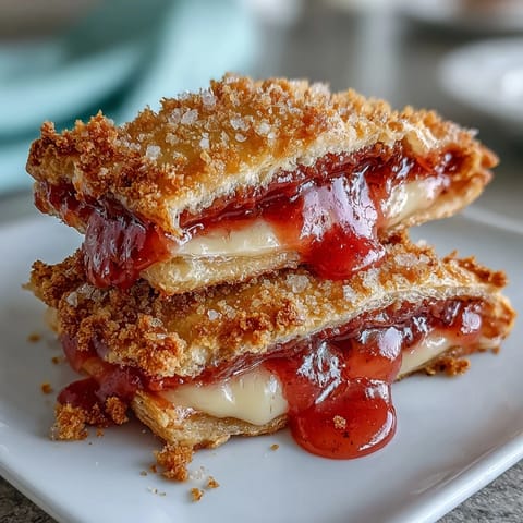 Homemade Guava Cheese Pop Tarts with a flaky pastry crust and visible guava jam filling, drizzled with sweet glaze on a rustic wooden board.