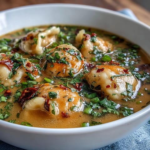 Steam rises from a bowl of Quick Coconut Curry Soup with Dumplings, featuring Thai curry broth, tender vegan dumplings, and vibrant green herbs.
