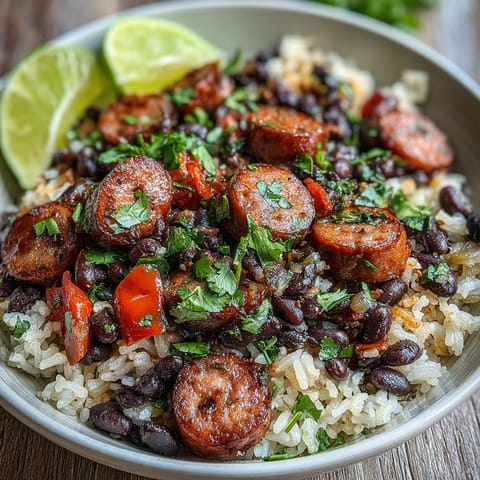 A close-up shot highlights the Black Beans, Sausage, and Rice Skillet, featuring smoky sausage slices nestled in fluffy rice and tender black beans.