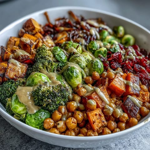 A close-up of the Roasted Veggie & Chickpea Bowl with sweet potatoes, broccoli, and a rich tahini sauce.
