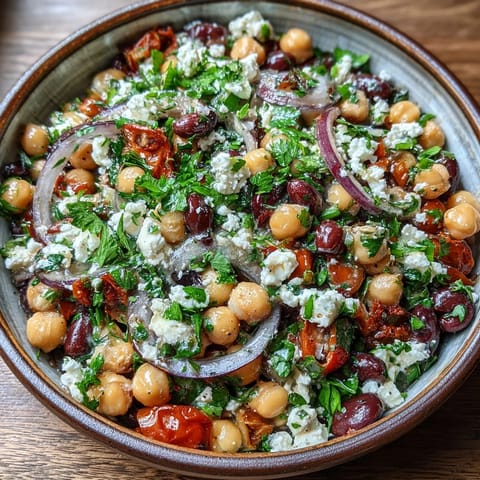 Crumbled feta and fresh parsley top the marinated Divorce Salad, with sliced red onions adding a sharp bite.