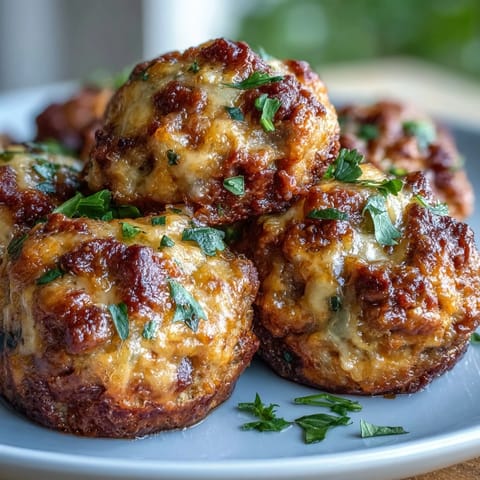 A close-up view of freshly baked Rotel Sausage Balls showing a crispy exterior and juicy interior, served alongside a creamy dipping sauce.