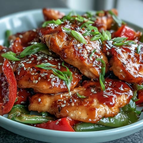 A close-up of golden-brown Spicy Sweet Chicken Diablo tossed with crisp vegetables and sesame seeds on a rustic plate.