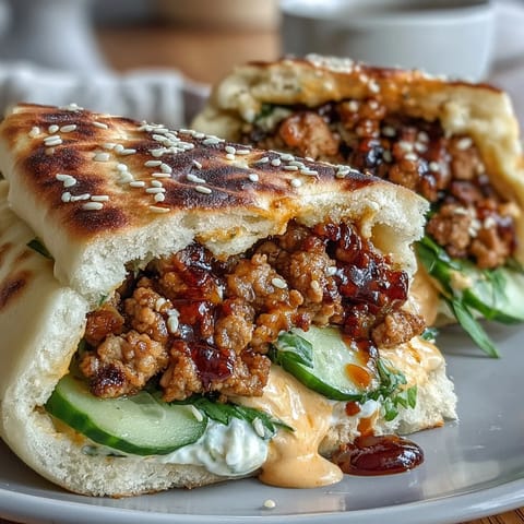 Korean turkey stuffed naan pockets, a flavorful fusion of spiced meat and soft bread, served as a handheld meal.