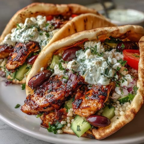Golden pita pockets are stuffed with lemon-marinated chicken, crumbled feta, and creamy tzatziki sauce.