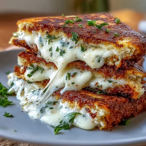 Golden-brown Brown Butter Garlic Naan Grilled Cheese slices showing melted mozzarella on a rustic wooden board.