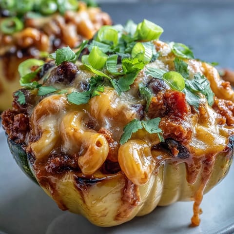 Golden-brown squash filled with spicy chili macaroni, topped with melted cheddar and a glossy drizzle of hot honey.