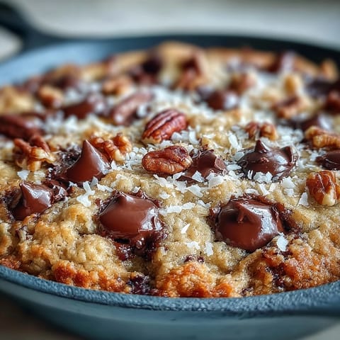 A warm slice of Chunky Monkey Oatmeal Cookie Skillet served à la mode on a cozy plate.